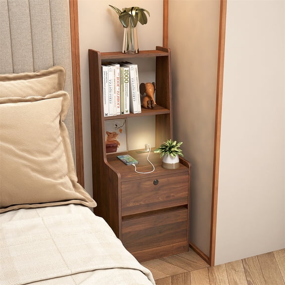 Furvclv Modern Nightstand With Charging Station, Tall Bedside Table With Bookshelf, Voice-activated Night Light 6 Colors, End Side Table With Storage Cabinet