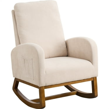 Furvclv Nursery Rocking Chair With Side Pockets, Upholstered Modern Accent Glider Rocker Chair With High Backrest And Rubber Wood Legs For Bedroom Living Room