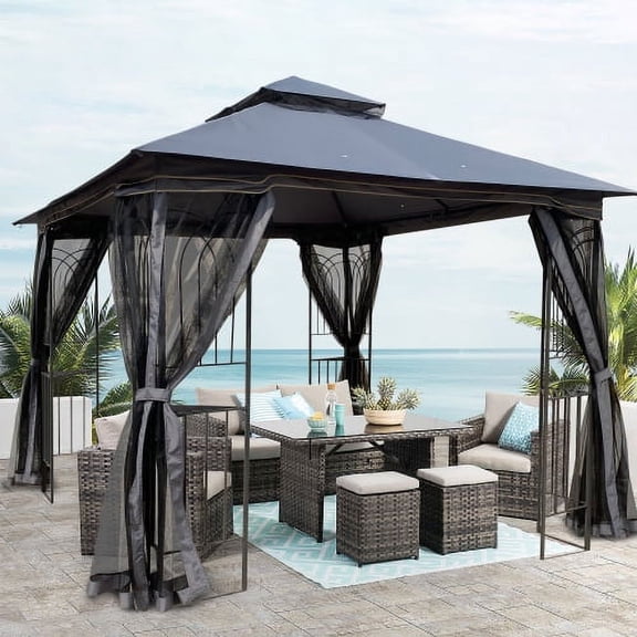 Furvclv Outdoor Canopy Tent, Outdoor Gazebo 10'x13' With Double Roofs, Removable Mosquito Net, Triangular Framing Waterproof, Rust-proof, Gazebos Party Tent For Garden