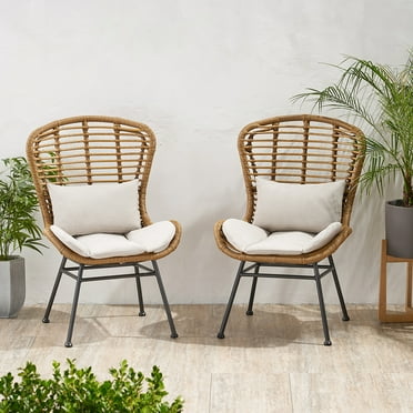 Furvclv Outdoor Wicker Club Chairs, Rattan Chairs Set Of 2 With Cushions, Iron Frame, Waterproof Mat, Round Edges, Slender Angular Legs, Modern Outdoor Club Chairs