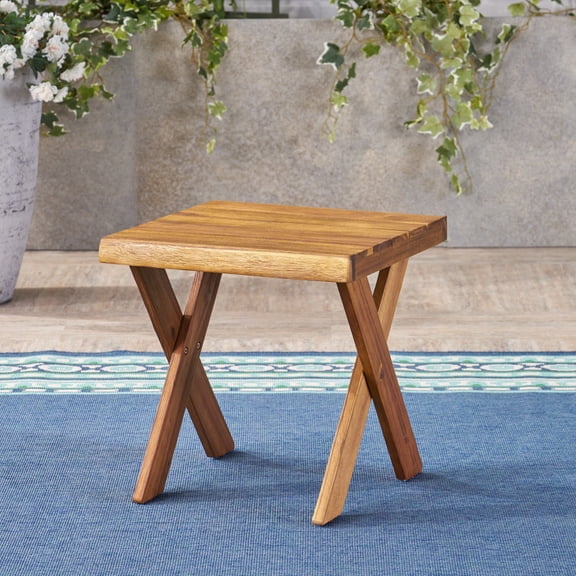 Furvclv Outdoor Wooden End Tables, Modern Square Side Table, Acacia Wood Tables With Cross Base, Rustic Small Coffee Table For Backyard, Garden, Patio