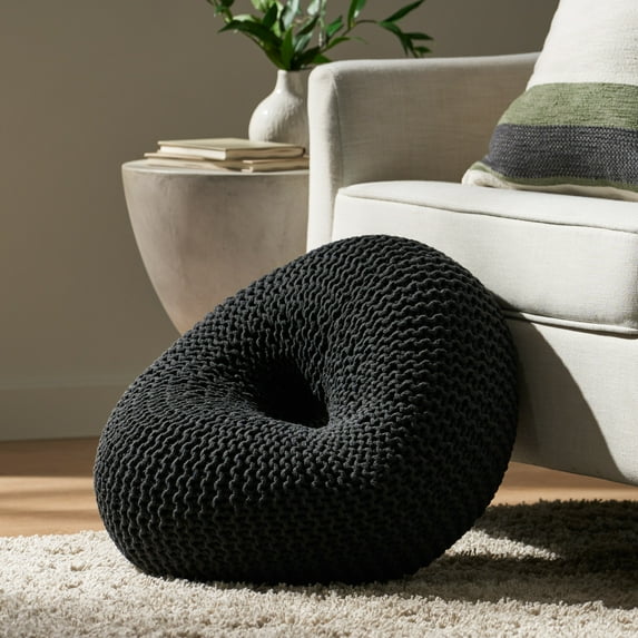 Pouf Ottoman, Donuts Shape Pouf, Handmade Cotton Thread Foot Stool, Knit Bean Bag Floor Chair For The Living Room, Bedroom (24.50"Dx24.50"Wx10.75"H)