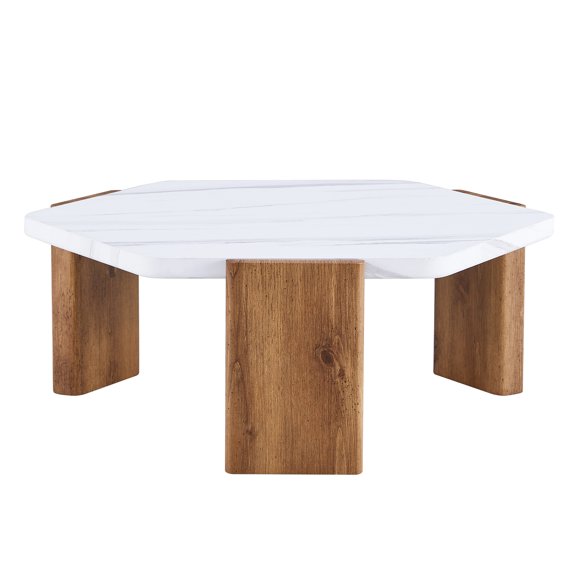 Furvclv Premium Modern Coffee Table With White Tabletop, Wooden Toned Legs, Easy To Clean Practical Coffee Table, Center Table, For Living Room, Office, Bedrooms, Apartments