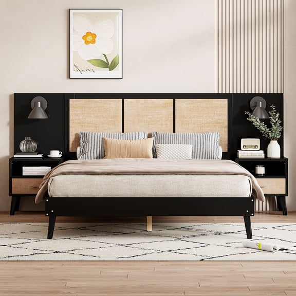 Furvclv Queen Size Bed Frame With 2 Bedside Tables, Queen Bed Frame With Built-in Lights And Rattan Headboard, Farmhouse Wood Platform Bed For Bedroom, Easy Assembly