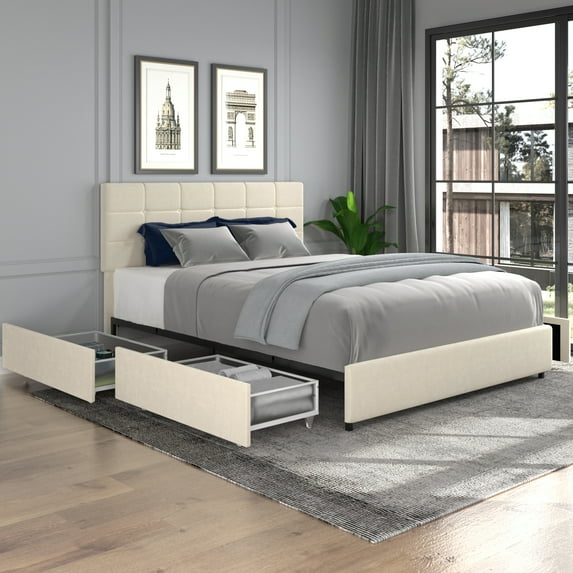 Furvclv Queen Upholstered Bed Frame, Queen Platform Bed With 4 Drawers, Adjustable Height Headboard, Metal Frame And Legs Queen Size Platform Bed For Bedroom