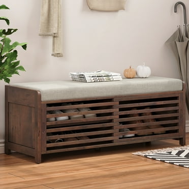 Furvclv Shoe Storage Bench, Farmhouse Distressed Shutter Entryway Bench With Acacia Veneer, Sliding Door Design, Shoe Storage Chest For Entryway, Living Room