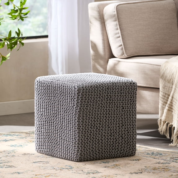 Furvclv Square Pouf Footstool Ottoman, Knit Bean Bag Floor Chair, Small Furniture, Cotton Handmade Knitted Footstool For Living Room, Bedroom, Kids Room