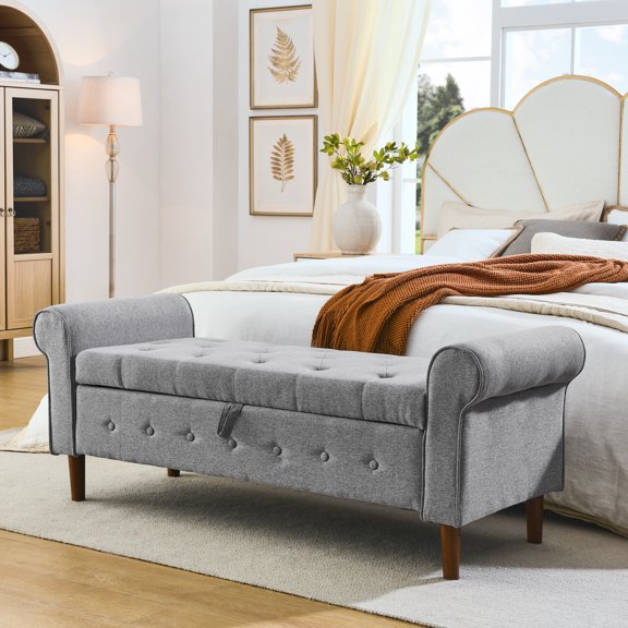 Furvclv Storage Ottoman Bench With Armrests, 62'' L 22'' W 23.56'' H Buckle Hinge Flip Cover Large Storage Bench, Footstool For Entryway, Living Room, Bedroom