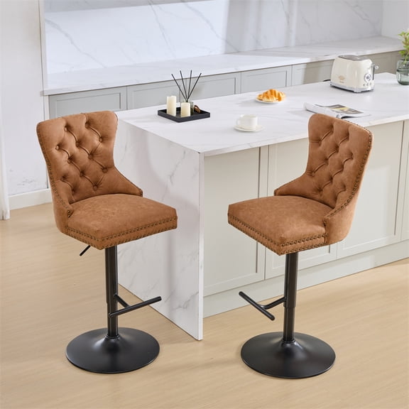 Furvclv Swivel Bar Stools Set Of 2, PU Leather Upholstered Barstools Counter Chairs With Tufted Backrest, 26-33 Inch Height Adjustable Seat For Kitchen Island