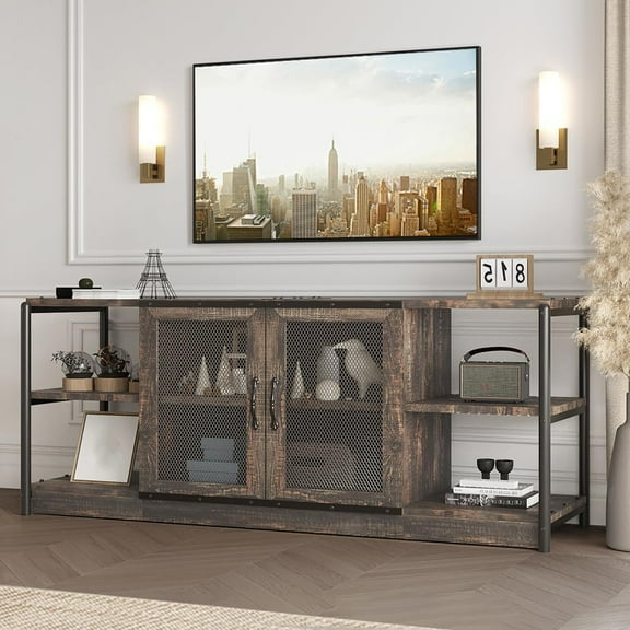 Furvclv TV Stand for 65+ Inch TV, Industrial Entertainment Center TV Media Console Table, Farmhouse TV Stand with Storage and Mesh Door, TV Console Cabinet Furniture for Living Room (Rustic Oak)