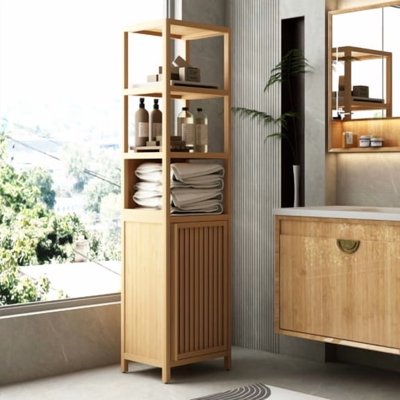 Furvclv Tall Slim Storage Cabinet, Bamboo Bathroom Cabinet With Shutter Door And 3 Tier Shelves, Tower Corner Rack For Bathroom, Living Room, Kitchen