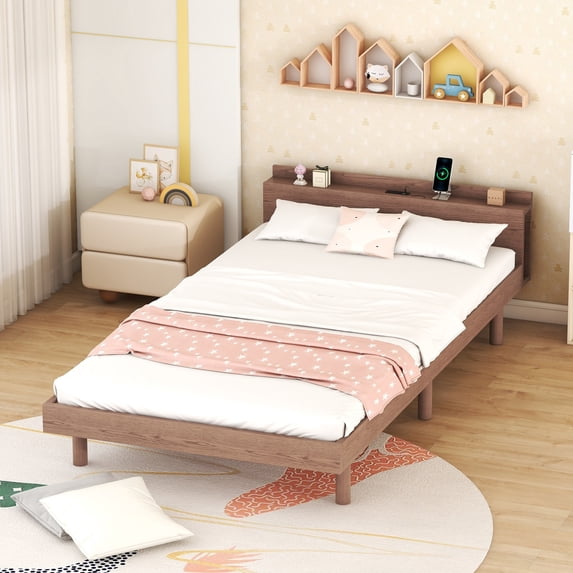 Furvclv Twin Size Bed Frame, Solid Wood Platform Bed Frame, With Built-in USB Port, Headboard, No Box Spring Need, Under Bed Storage Space, Slat Support Mattress Foundation