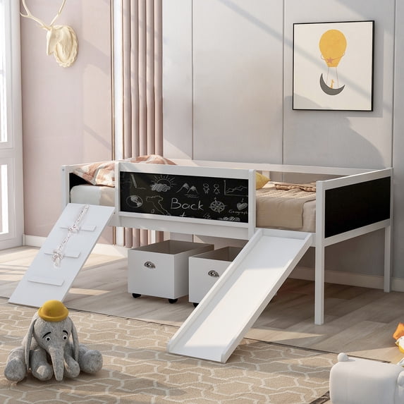 Furvclv Twin Size Loft Bed, Twin Bed Frame With 2 Storage Boxes, Climbing Frame, Slide, Double-sided Chalkboard, Guardrail Multi-Functional Wood Loft Bed