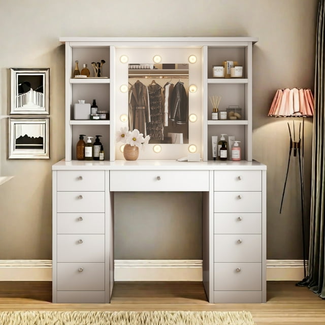Furvclv Vanity Desk With Light Mirror, Makeup Vanity With Lights Tri-Folding Mirror, Dressing Table Make Up Desk With Drawers, Open Storage Shelves For Girls Women