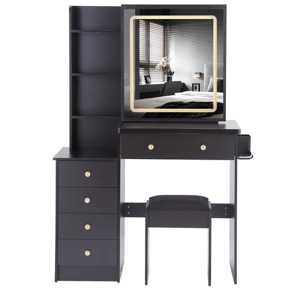 Furvclv Vanity Desk With Sliding LED Mirror, Touch Control Tri-Color Switching, 2 AC Outlets And 2 USB Ports, Modern Makeup Dressing Table With Cushioned Stool
