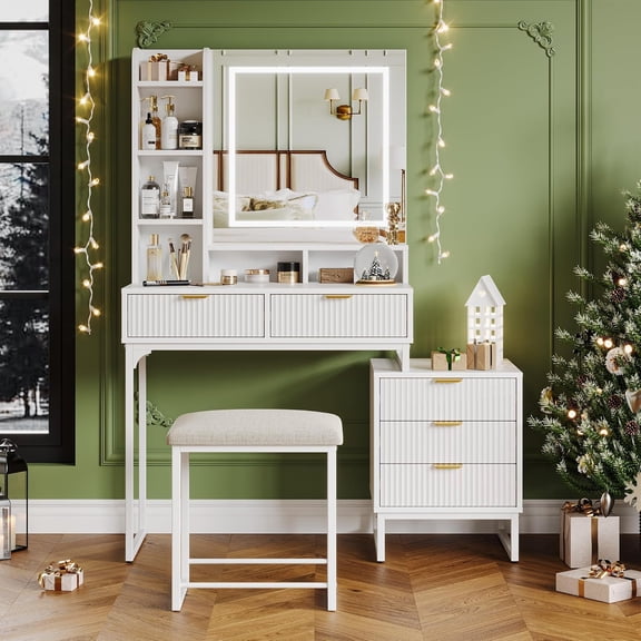 Furvclv White Vanity Makeup Desk, Vanity Set with Mirror and 3-Mode Lights, 5 Drawers Vanity Table with Removable Side Storage Cabinet, Stool for Bedroom