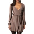 thumbnail image 1 of Furvclv Women Long Puff Sleeve Mini Dress Deep V Neck Solid A-Line Party Casual Dress, 1 of 9