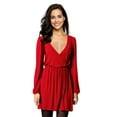 thumbnail image 1 of Furvclv Women Long Puff Sleeve Mini Dress Deep V Neck Solid A-Line Party Casual Dress, 1 of 9