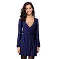 thumbnail image 1 of Furvclv Women Long Puff Sleeve Mini Dress Deep V Neck Solid A-Line Party Casual Dress, 1 of 9