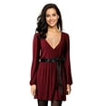 thumbnail image 1 of Furvclv Women Long Puff Sleeve Mini Dress Deep V Neck Solid A-Line Party Casual Dress, 1 of 9