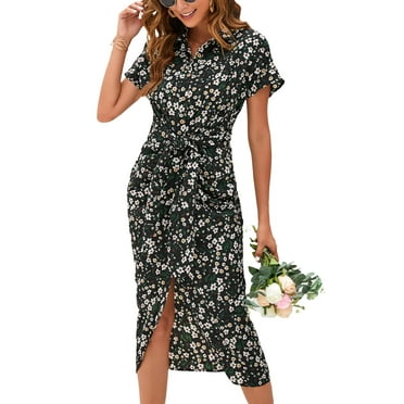 Furvclv Women's Boho Floral Short Sleeve V Neck Ruched Bodycon Dress with Tie Slit Hem Beach Dress