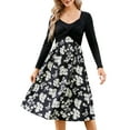 thumbnail image 1 of Furvclv Women's Long Sleeve Vintage Floral Patchwork Dress Flared A-Line Swing Casual Party Midi Dress, 1 of 9