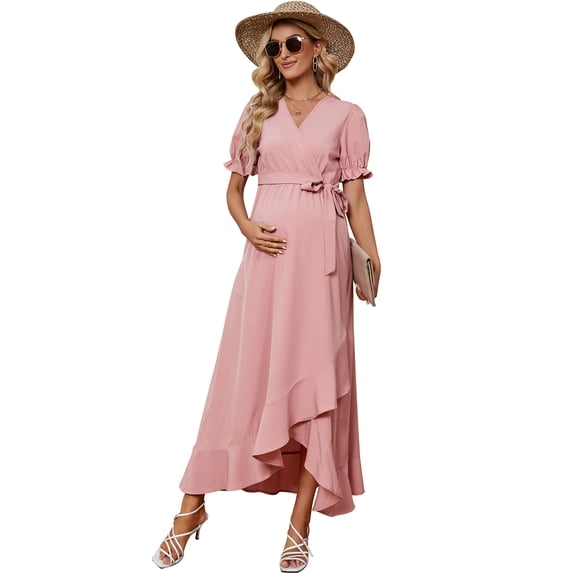 Furvclv Women's Short Sleeve Maternity Dress Summer Floral V-Neck Ruffle Maxi Dress