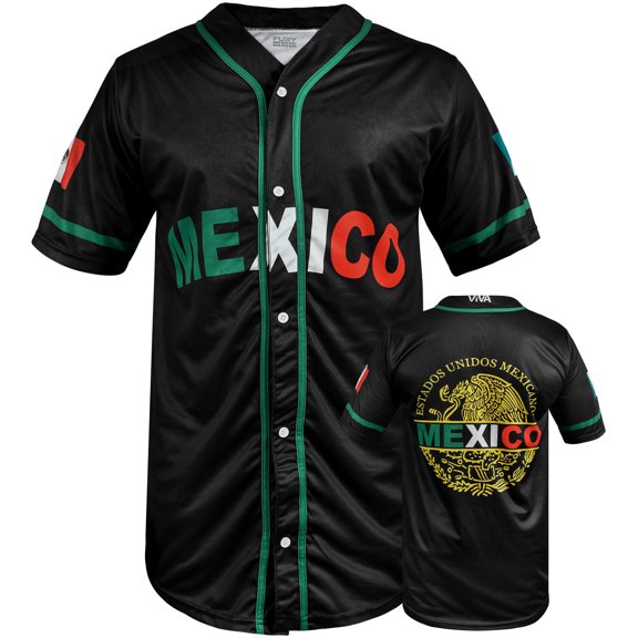 Fury Mexico Baseball Jersey, Black Mexico Baseball Button Down Jersey Shirts Mexican Flag Baseball (US, Alpha, Medium, Regular, Regular, Black)