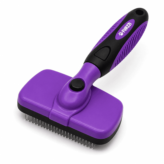 Furzzi Self Cleaning Slicker Brush - Skin Friendly Deshedding Grooming Tool for Dogs & Cats, Suitable for Shedding & Haired Pets, with Pet Supplies Accessories, Purple, Large