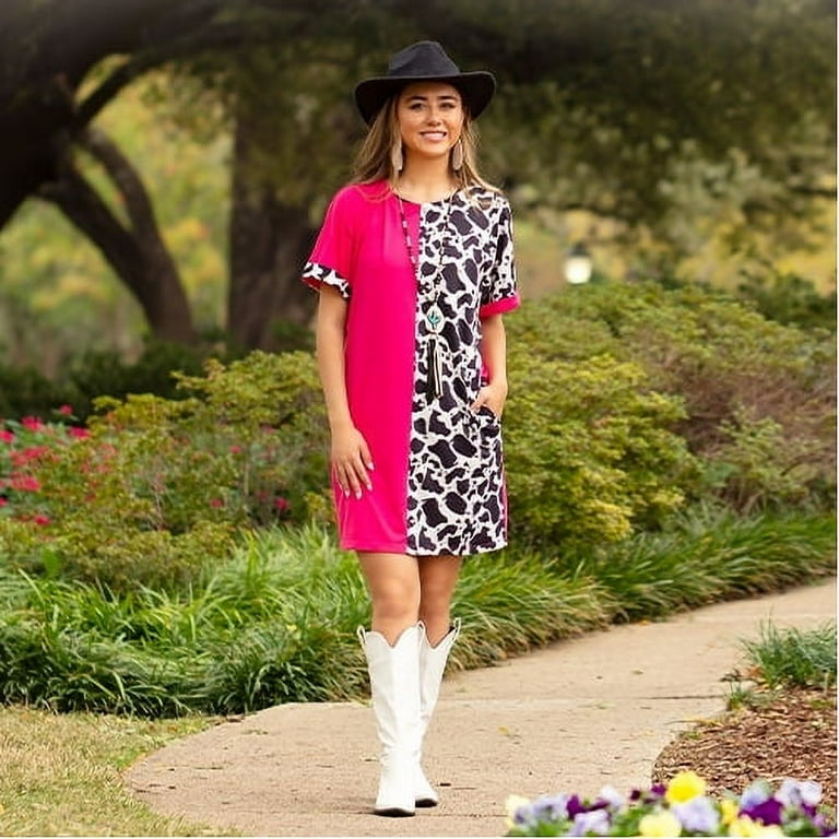 Fuschia Cow Print Mini Dress Regular Plus Size Color Block Dress