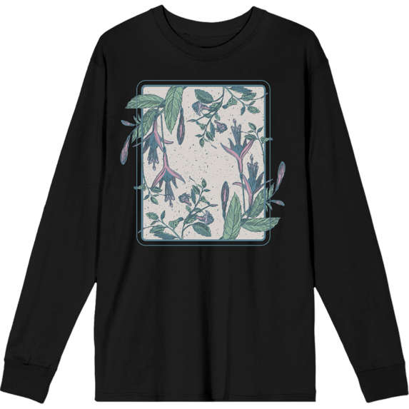 Fuschia Flowers Adult Black Crew Neck Long Sleee Tee-Medium