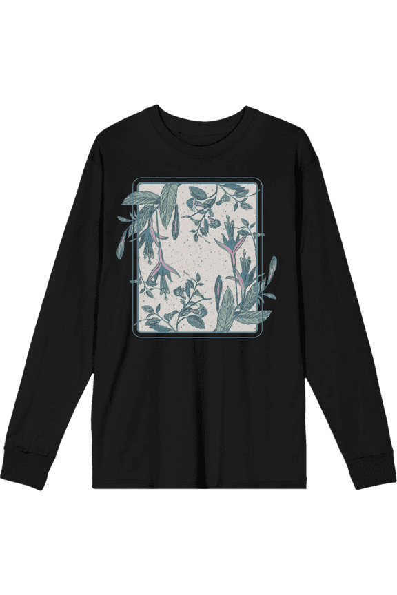 Fuschia Flowers Adult Black Crew Neck Long Sleee Tee-XXL