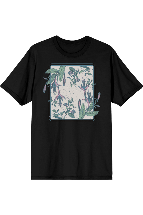 Fuschia Flowers Adult Black Crew Neck Short Sleee Tee-Medium