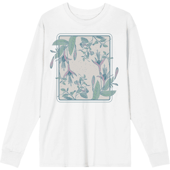 Fuschia Flowers Adult White Crew Neck Long Sleee Tee-Medium