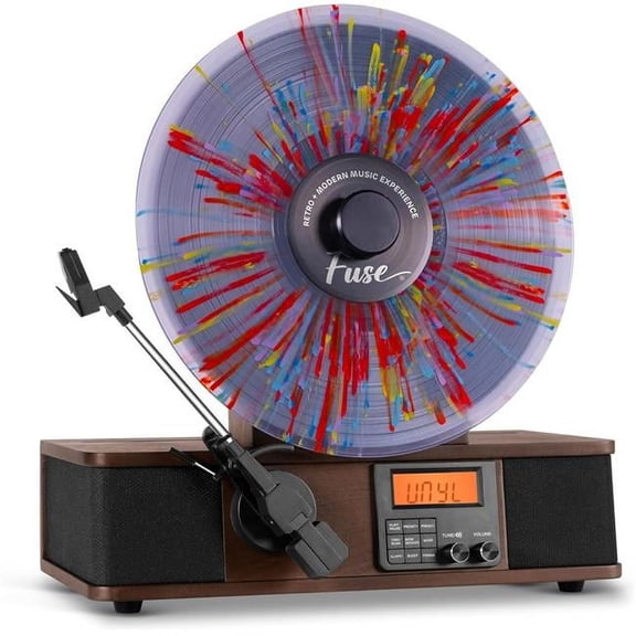 Fuse Audio Wrap Vertical Vinyl Record Player with FM Radio, Bluetooth in & Out, AUX & Line Out - Back Slit Album Cover Holder - Handcrafted Ash Tree Wood
