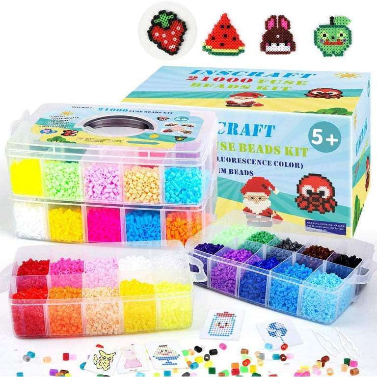 Fuse Beads, 21,000 pcs Fuse Beads Kit 22 Colors 5MM for Kids, Including 8  Ironing Paper,48 Patterns, 4 Pegboards, Tweezers, Beads Compatible Kit