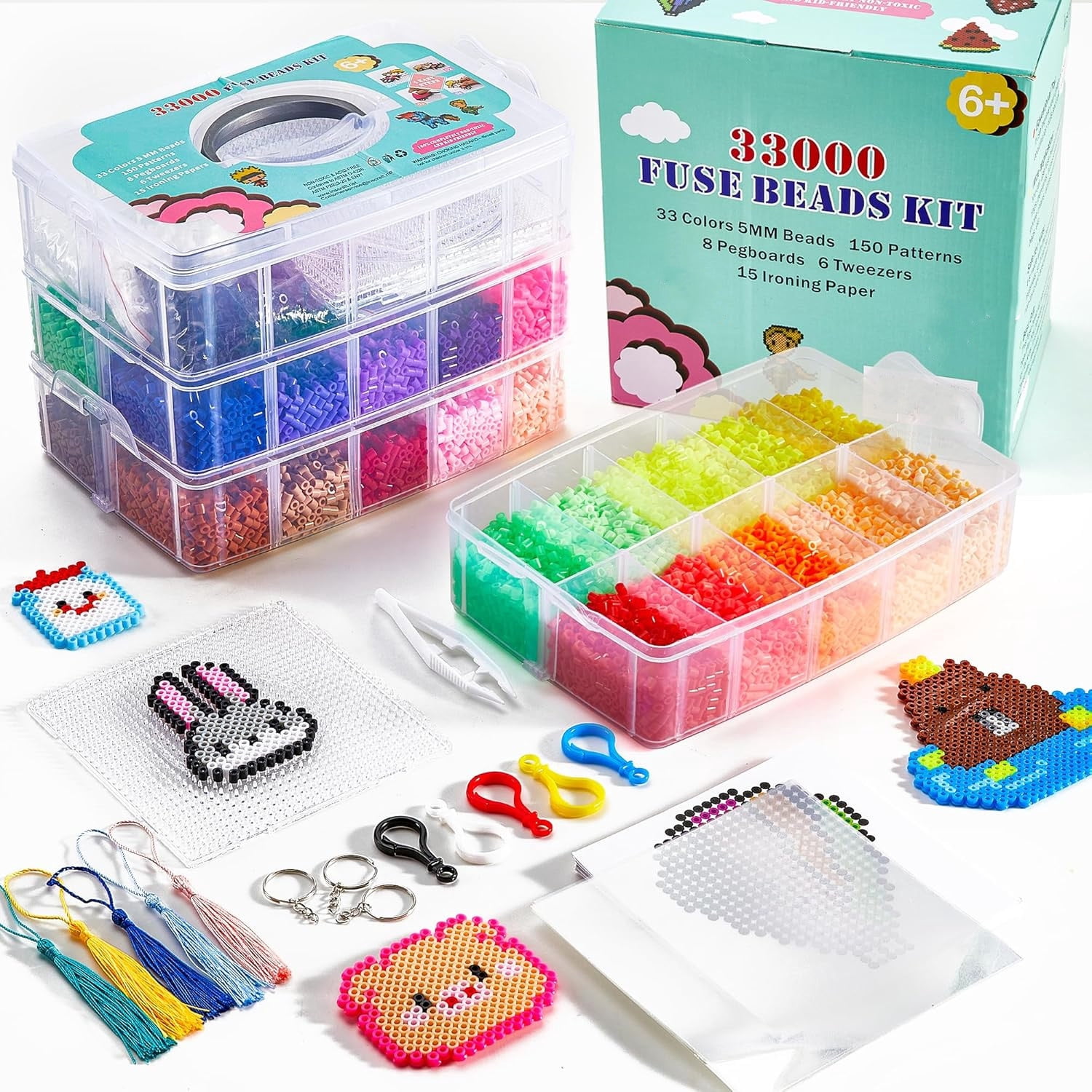 Fuse Beads, 33000pcs Fuse Beads Kit, 33 Color 5MM Iron Beads Set with 150 Patterns, 8 Pegboards, 15 Ironing Paper, 6 Tweezers, 85 accessories, Craft Kits Gifts for Birthday Christmas