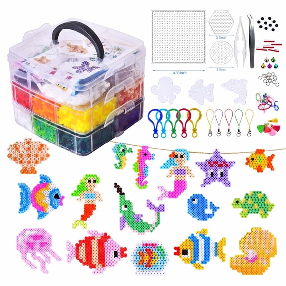 Fuse Beads Kit,10000PCS 5MM 24 Colors , Mini 3-Layer Storage Box, 6 Patterns, Ironing Papers,Tweezers, Keychains &DIY Craft Set with Tools & Accessories Craft,Unisex,Ocean Theme