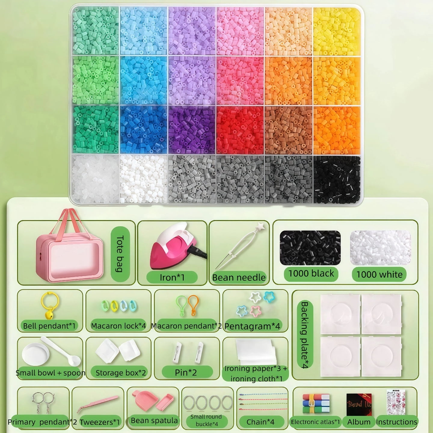 Fuse Beads Kit 24 Colors 12000 Pcs 2.6mm with Built-in Iron, All-in-One DIY Craft Set, Carry-on Pendant, Room Decor, Creative Gifts for Kids Teens Adults