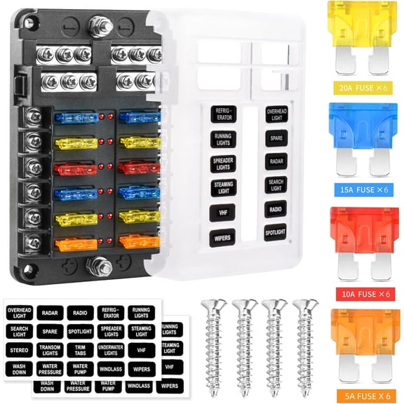 Fuse Block, 12v Fuse Box Holder with Led Indicator Waterproof Cover, Cyrico 12 Circuit Panel with Negative Bus for 12V/24V Automotive Car Truck Boat Marine Rv Trailer, 24 Pcs Blade Inserts