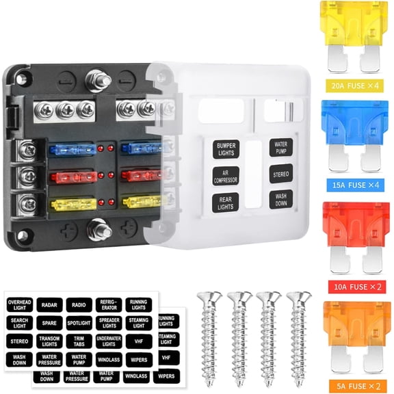 Fuse Block, 6 Way 12V Fuse Box Blade with LED Indicator Damp-Proof Cover - Individual Positive Fuse Holder with Ground Bus Holder for 12V/24V Vehicle Car Boat Marine Truck