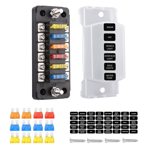 Fuse Block Blade Marine Fuse Panel Fuse Box ATC/ATO Waterproof Cover Negative Bus Included No LED Indicator for Car Boat Yacht RV Trailer Truck SUV (6Way)