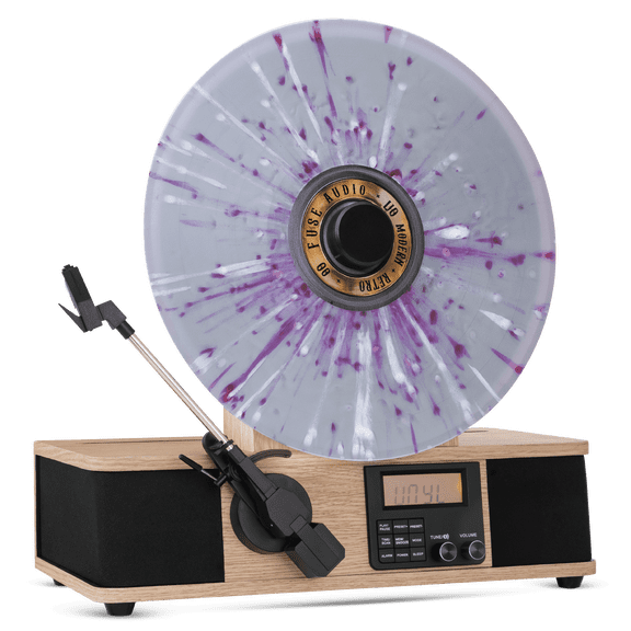 Fuse Wrap Vertical Vinyl Record Player with Bluetooth, FM Radio, AUX, Alarm Clock, Ceramic Needle, Full Range Speakers, Bamboo Color