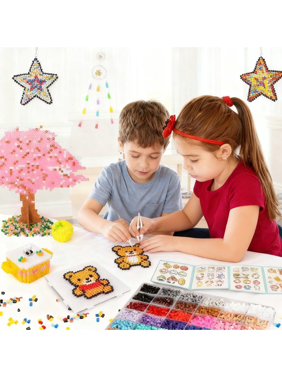 Fused Beads Kit 24 Colors with Pegboards and Iron, Complete Melty Beads Set for Creative Crafts, Includes 2000 Bonus Beads, Makes Keychains and Decor, Perfect Gift for Arts and Crafts Lovers