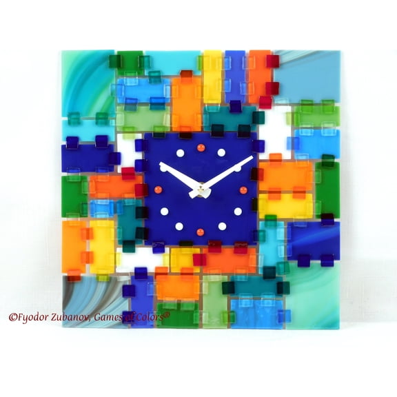 Fused Glass 10 x 10 Wall Clock Rectangular Fantasy - Blue center. Atomic