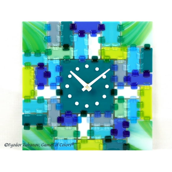 Fused Glass 10 x 10 Wall Clock Rectangular Fantasy - Turquoise Morning