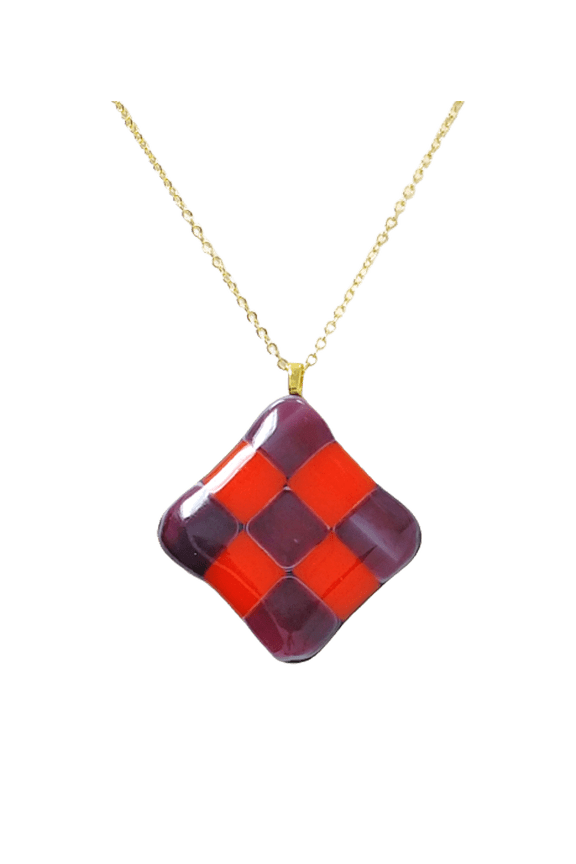 Fused Stained Glass Necklace - Burgundy Red and Red Checkerboard