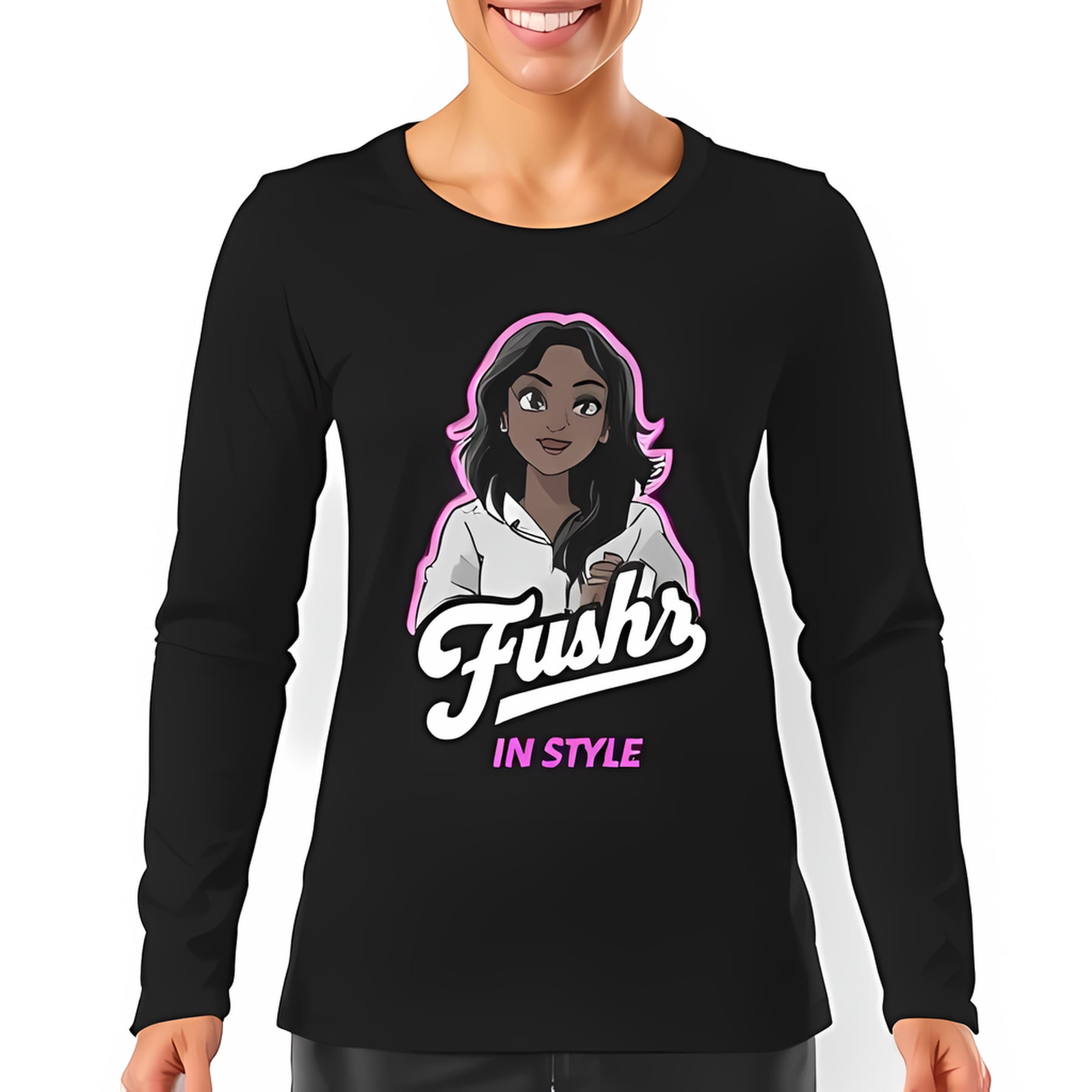 Fushr Fushr Women's Long Sleeve T-Shirt with Cartoon Graphic of Dark-Skinned ...