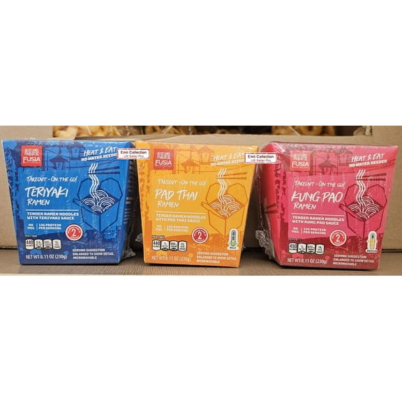Fusia Heat & Eat Teriyaki Ramen, Pad Thai Ramen, Kung Pao Ramen 8.11oz (3 Boxes)