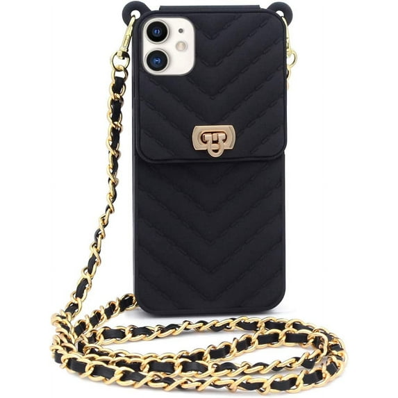 Fusicase for iPhone 11 Wallet Case with Neck Strap Crossbody Strap Lanyard Handbag Wrist Strap Protective Cover Credit Card Holder Slot Purse for Girls Women Silicone Case for iPhone 11 Black